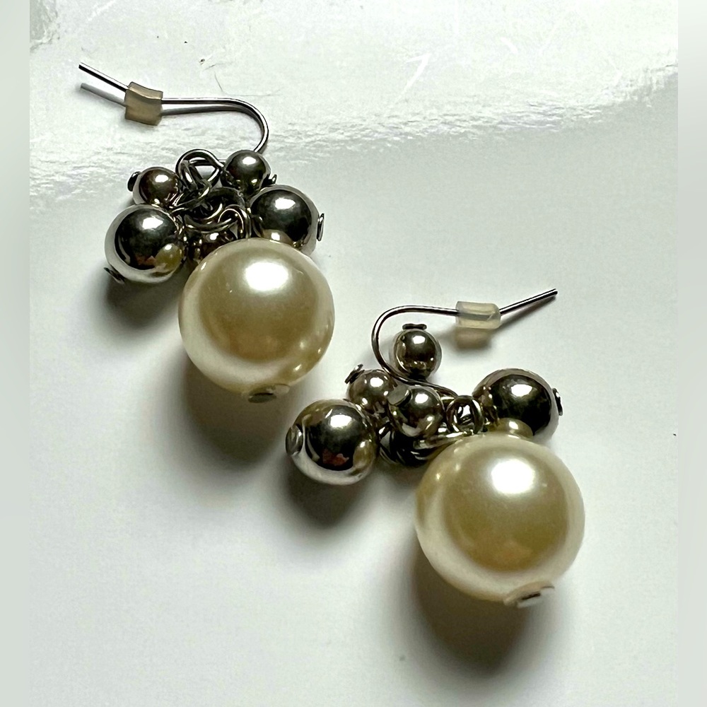 🦪Faux Pearl & Silver Tone Dangling Balls Drop Stud Earrings by Nice & Bella